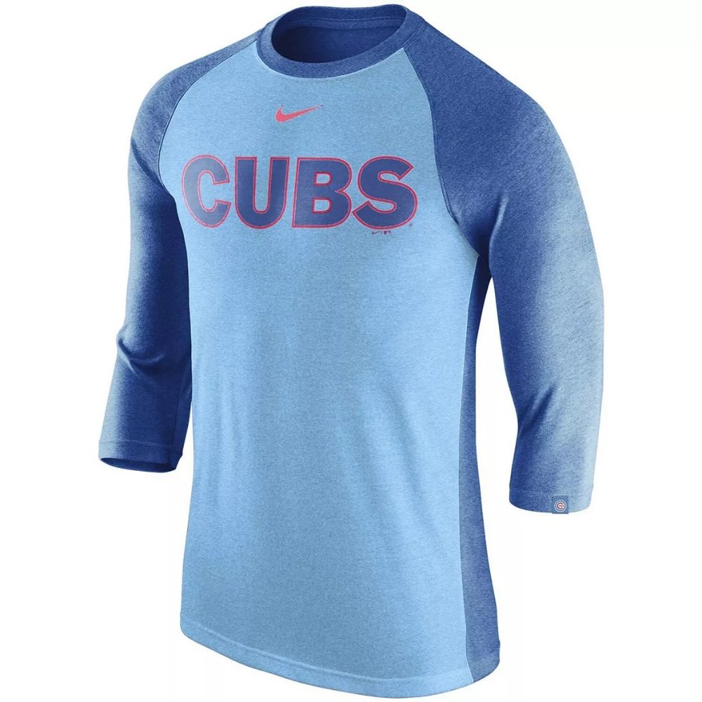 NWT NIke Chicago Cubs Wordmark ¾ Sleeve Raglan Tri-Blend Shirt HEATHER BLUE